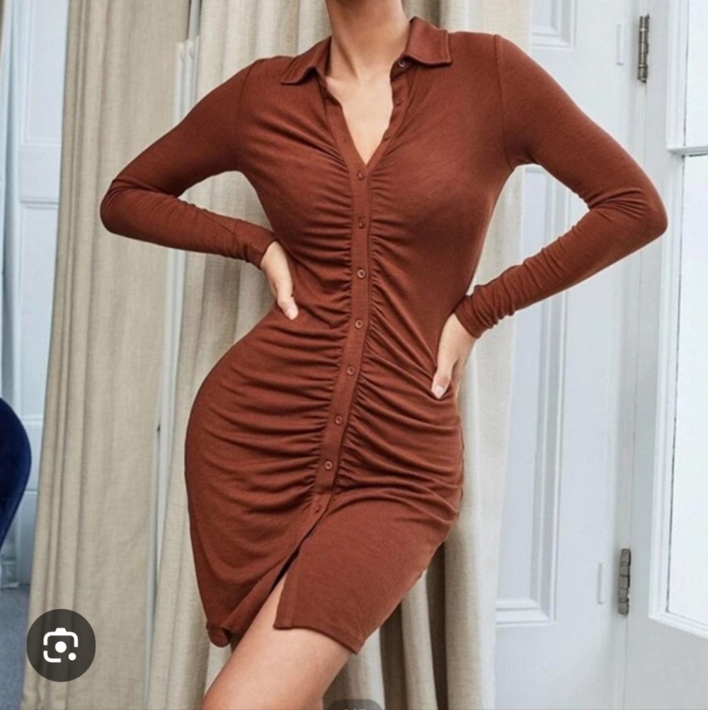 Just Polly New York Brown Ruched Long Sleeve Dress Medium
